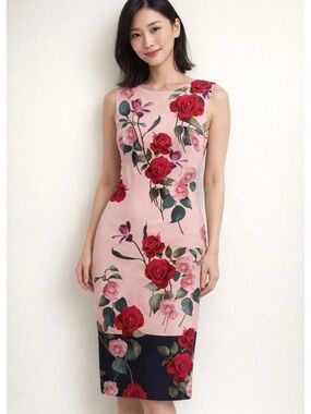 Floral Pink Midi Sheath Dress with Red Rose Print